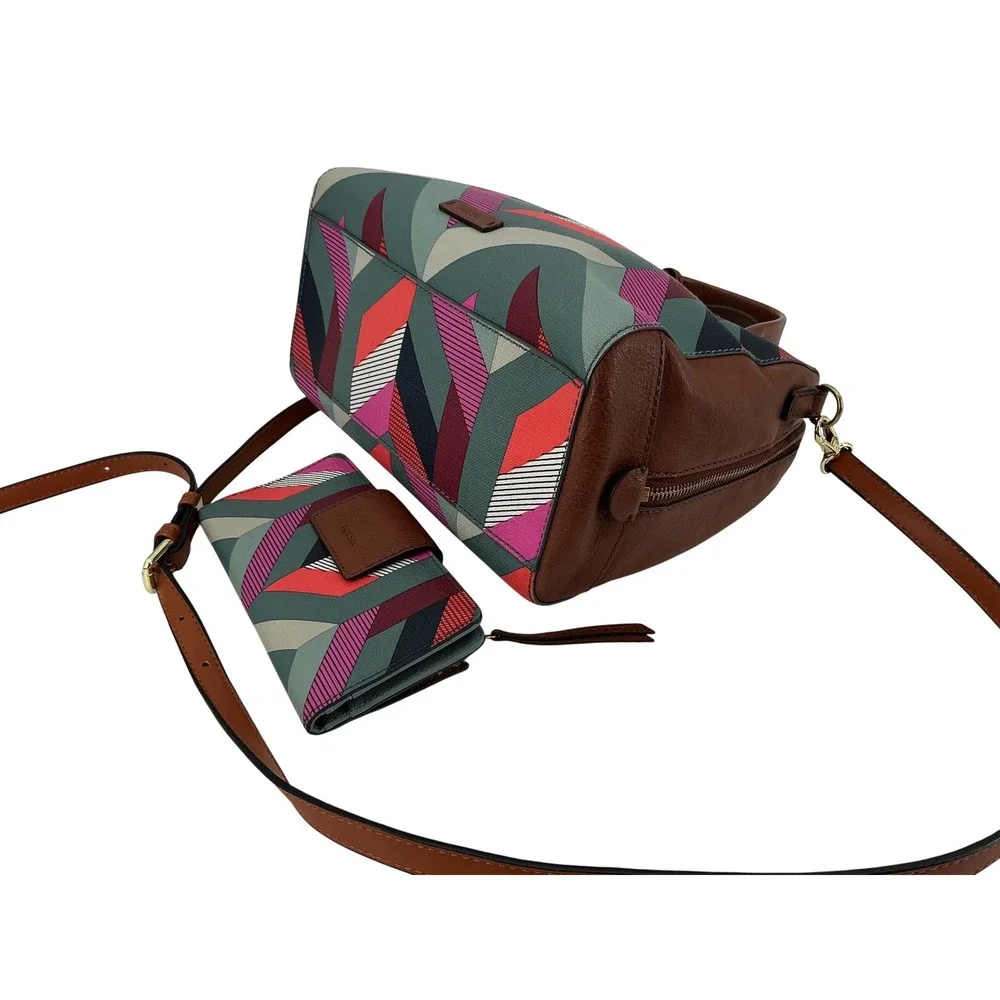 Fossil Geometric Print Satchel Crossbody Bag and Wallet Set Brown Leather‎ Trim